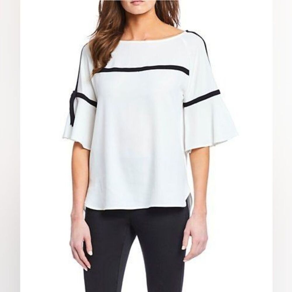 Calvin Klein Womens Top Blouse Bell Sleeve Beige Black Size Medium New